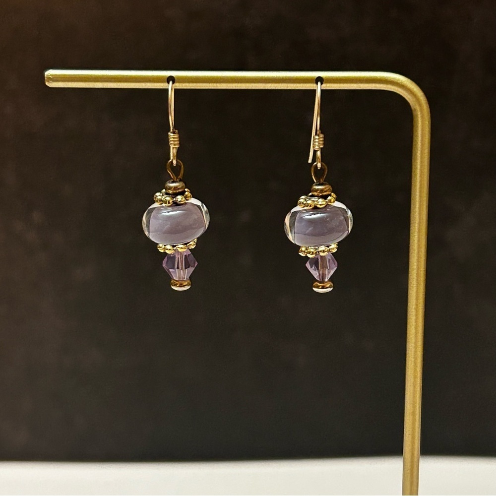 Purple and Gold Tone Glass Beads BBeaded Earrings